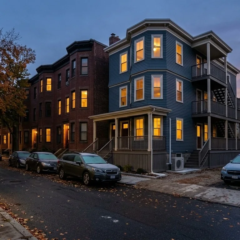A Boston residential street at dusk, brick rowhouses and a triple-decker with warm window light and a heat pump by the porch