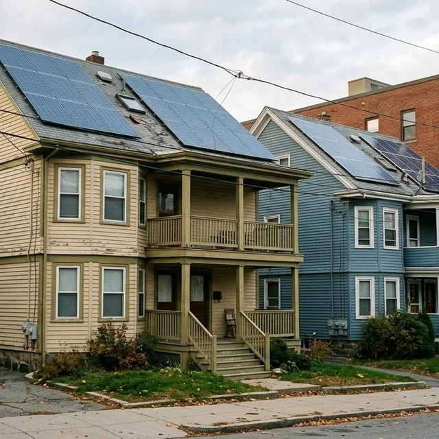 Rooftop solar panels on the pitched roofs of two Boston triple-decker houses in late afternoon light