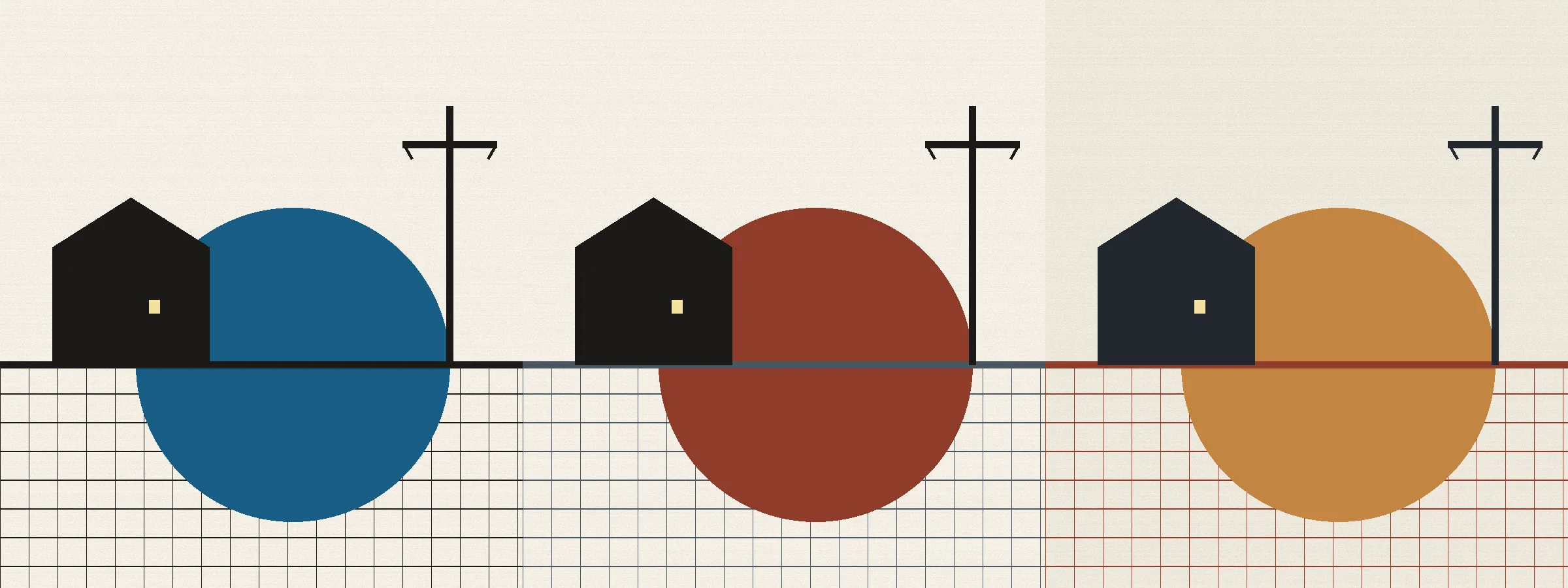 Three-panel flat plate repeating one sunrise-over-grid motif in shifted hues, blue then brick then amber, each with a gabled house and a utility mast